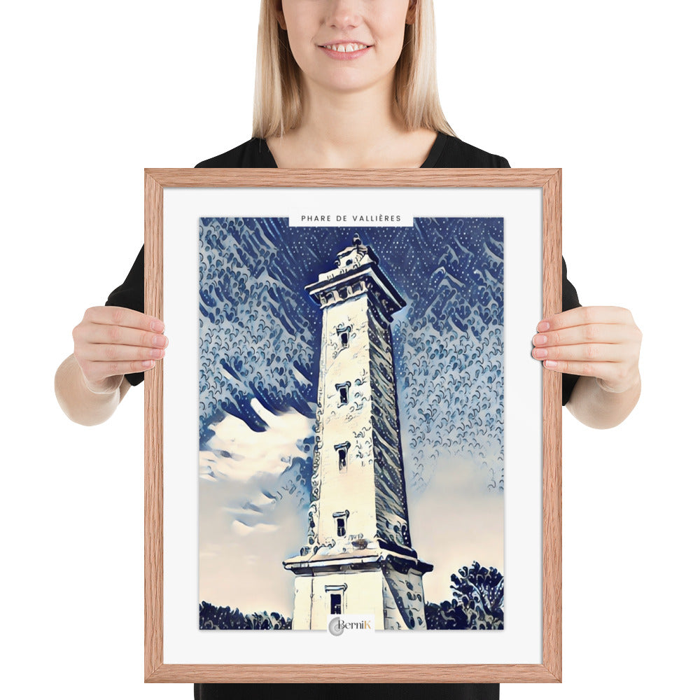 Œuvre murale bleue et blanche représentant un phare