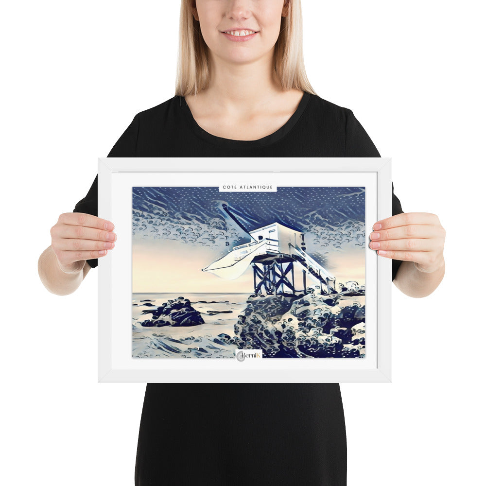 Poster d’art japonais avec un carrelet, symbolisant la beauté naturelle de l’océan Atlantique.