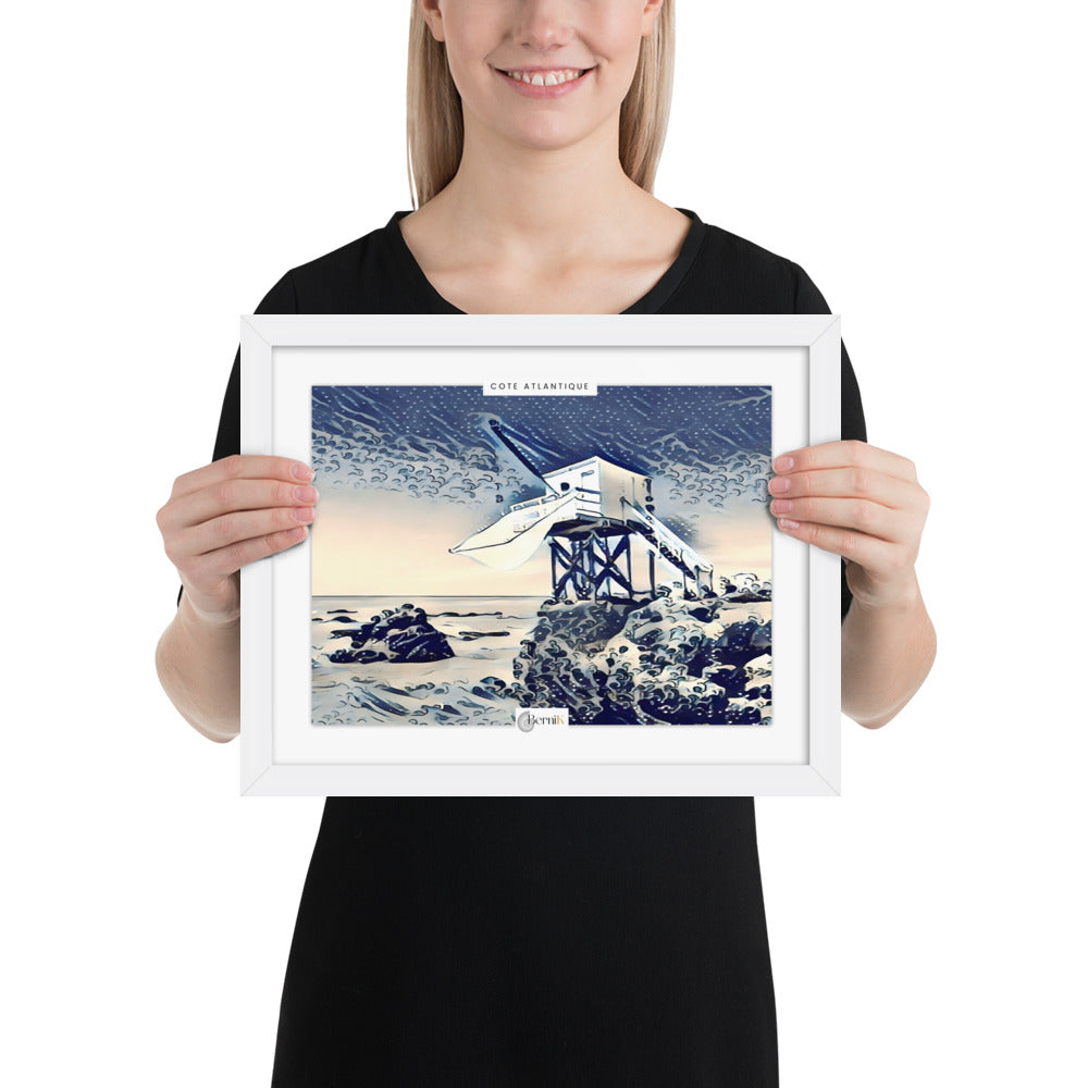 Affiche marine inspirée de l’art japonais, montrant un carrelet sur les côtes atlantiques.