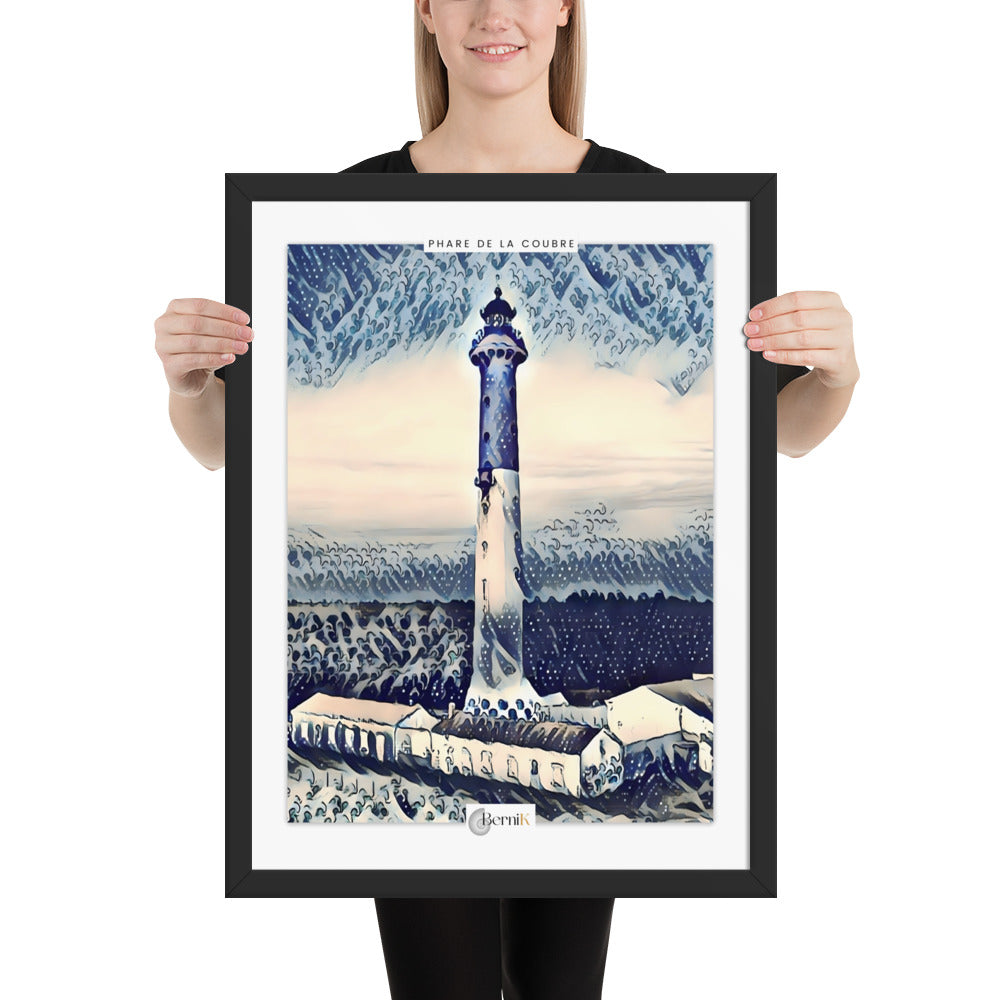 Affiche encadrée du phare sur fond marin stylisé