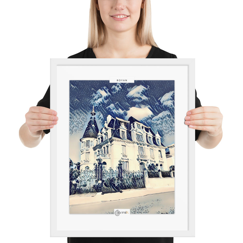 Affiche rétro de Royan, alliant architecture et paysage marin dans des tons de bleu et blanc.