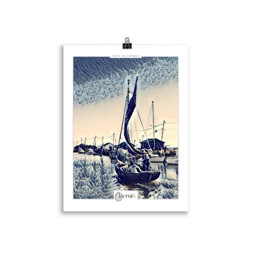Un poster unique illustrant un bateau voguant vers l'océan atlantique dans un style d'estampe japonaise.
