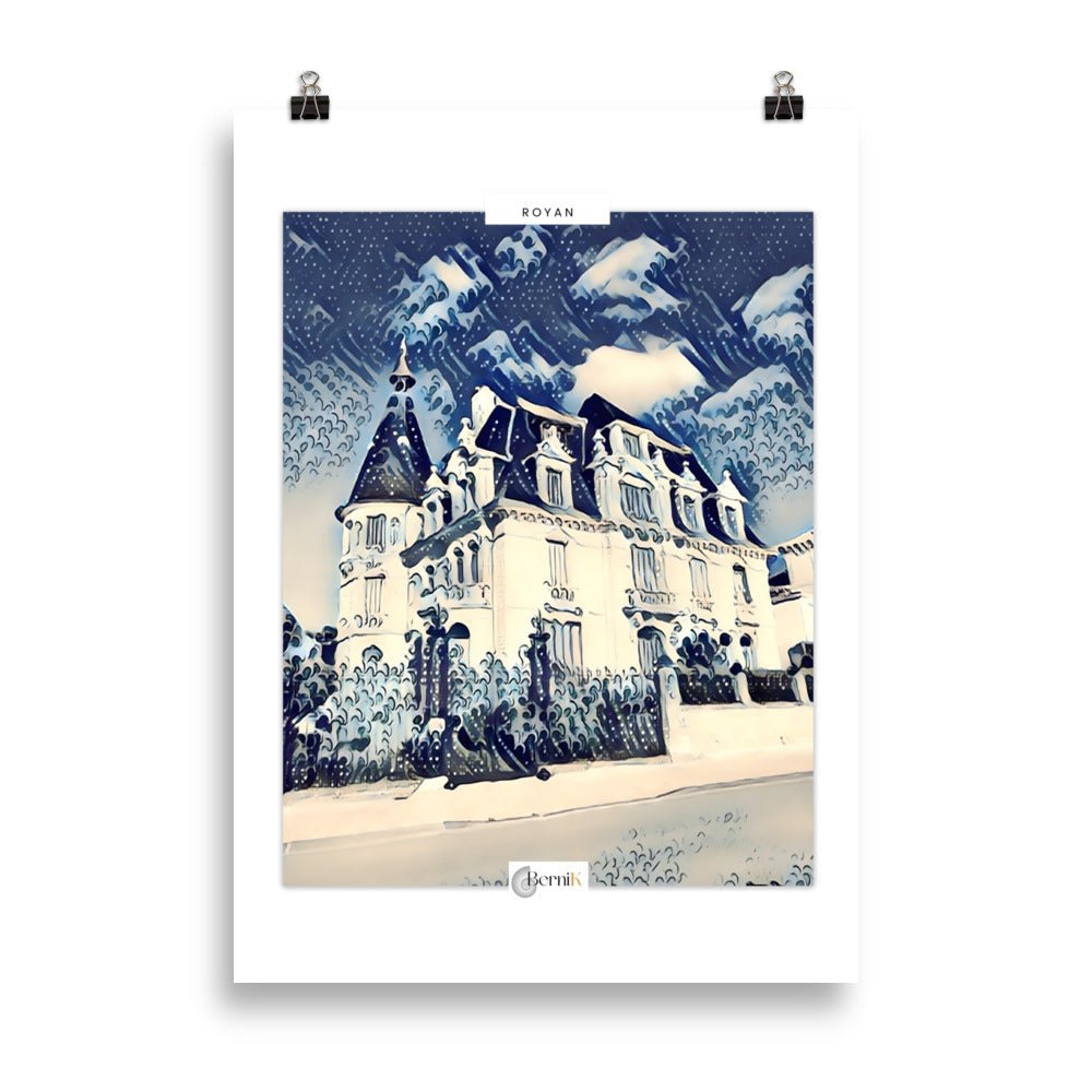 Illustration en bleu et blanc d’une maison bourgeoise en bord de mer à Royan