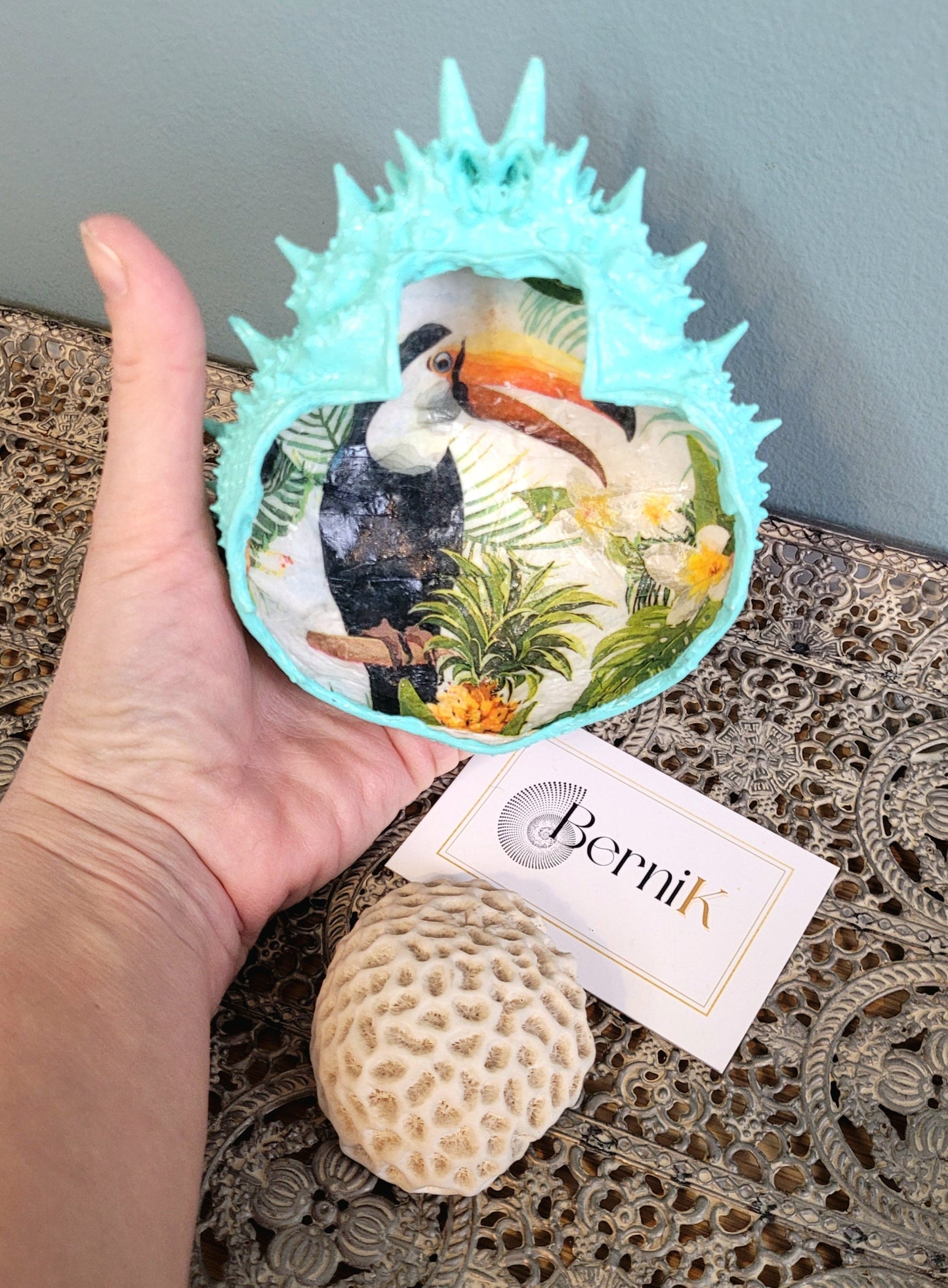 Vide-poche exotique en carapace naturelle, peinture verte et décor intérieur jungle toucan.
