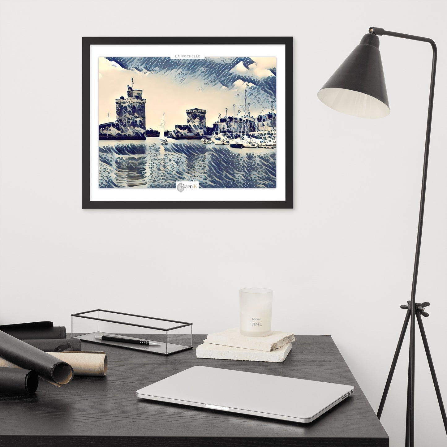 Illustration artistique du Vieux Port de La Rochelle dans un style élégant.