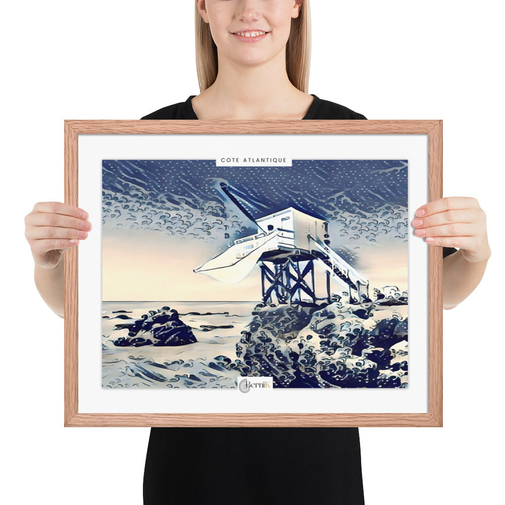 Poster artistique représentant un carrelet, fusion de l’art japonais et de la beauté côtière.