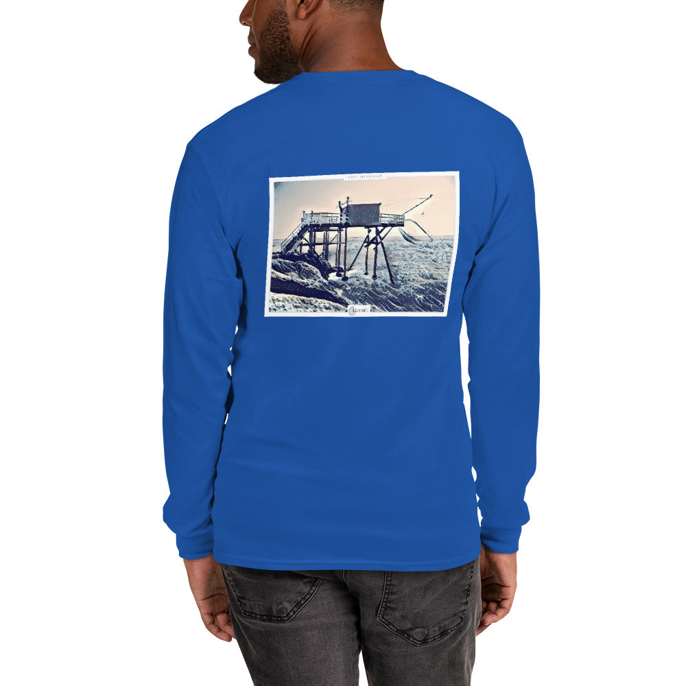 Tshirt unisexe a manches longues, carrelet bleu imprime en style estampe japonaise, tissu respirant.