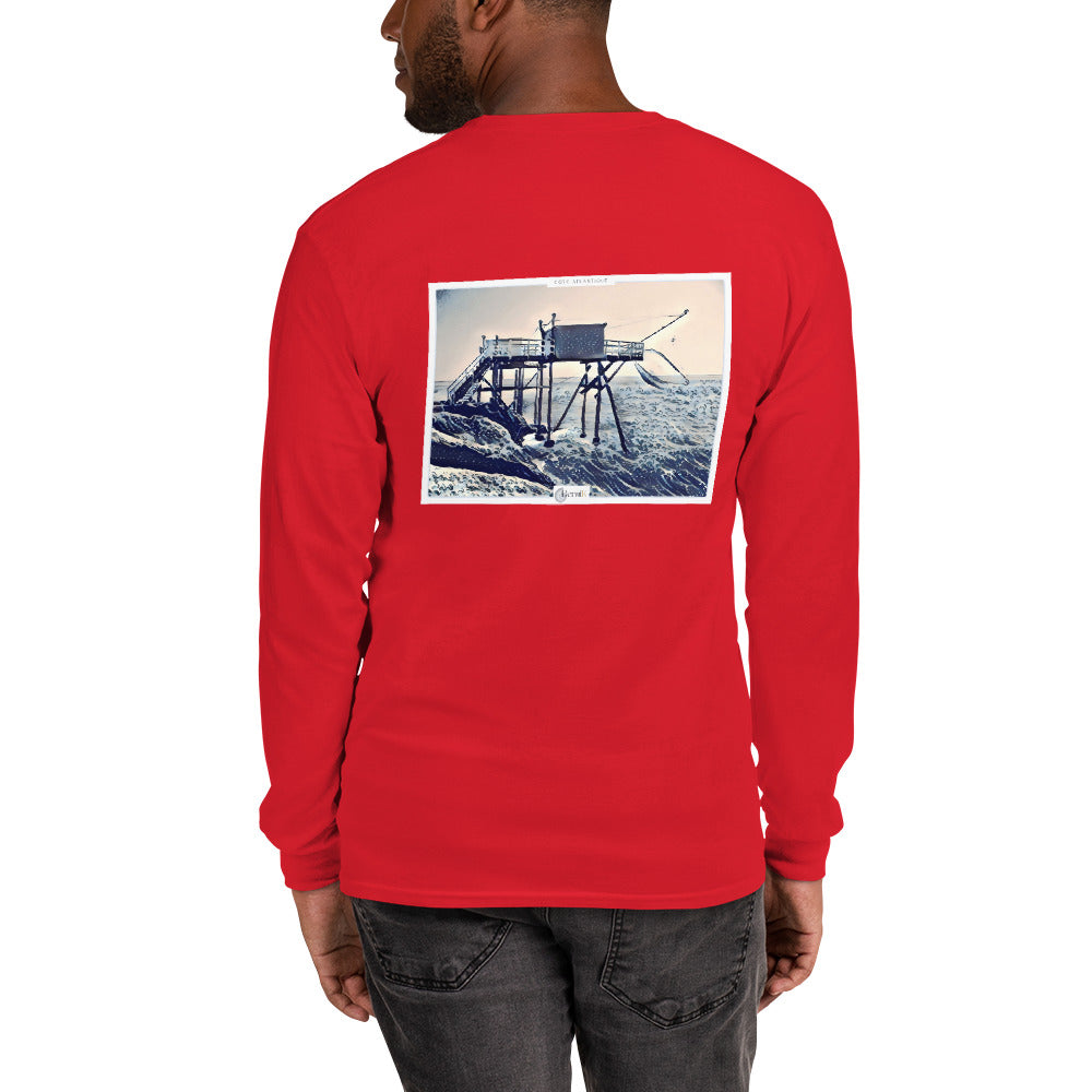 Tshirt classique a poignets cotelees, orne d'une illustration de carrelet, inspire de l'estampe japonaise bleue.