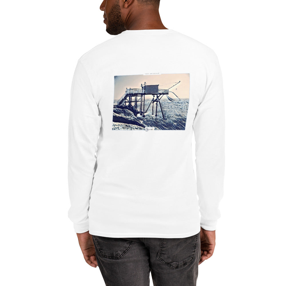 Tshirt unisexe a manches longues, illustration carrelet en bleu, evoquant l'authenticite des cotes atlantiques.