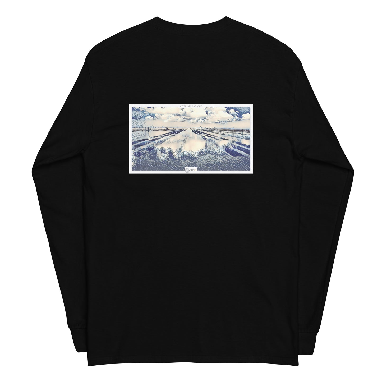 T-shirt unisexe à manches longues, combinant confort et style décontracté avec une illustration de parc à huîtres en point de fuite artistique.