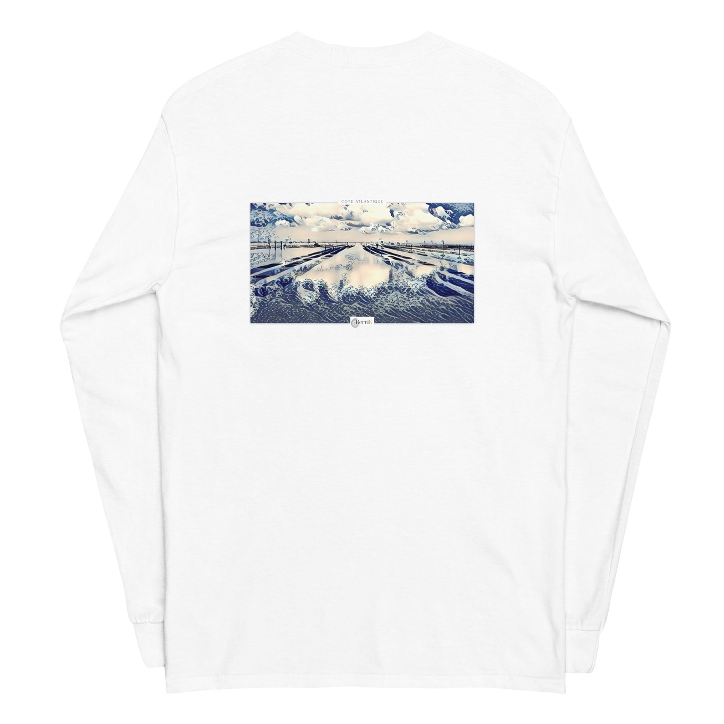 T-shirt unisexe à manches longues avec une illustration captivante où les tables à huîtres s'alignent en un point de fuite fascinant.