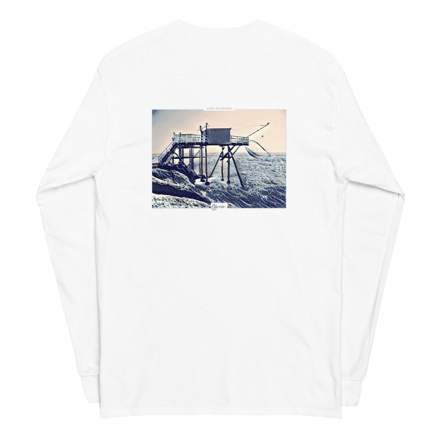 Tshirt de style maritime, manches longues a poignets cotelees, orne d'une illustration carrelet estampe japonaise.