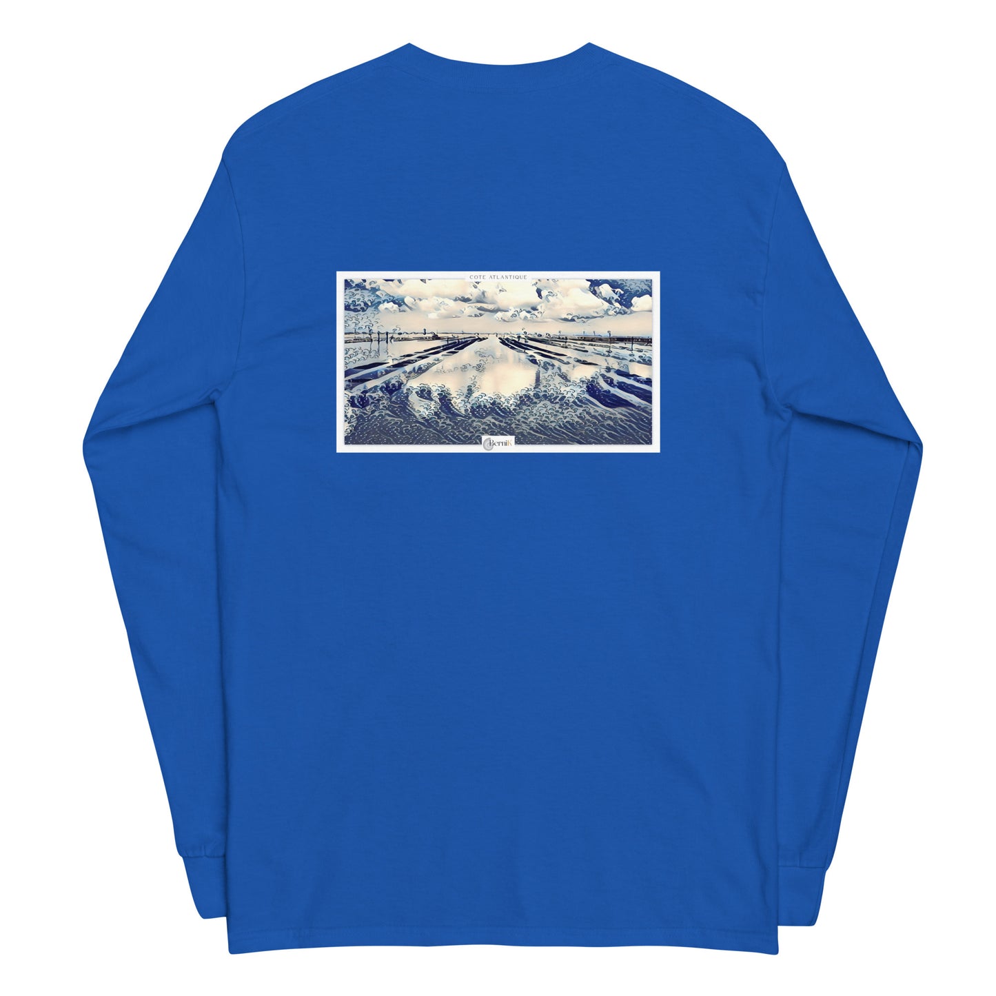 T-shirt unisexe à manches longues, illustré d'un parc à huîtres avec un effet géométrique harmonieux, pour une allure maritime moderne.
