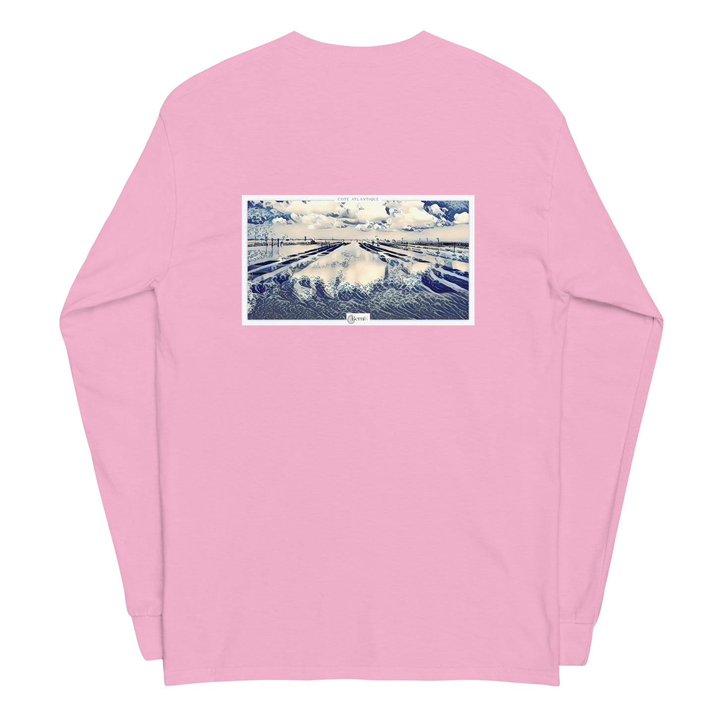 T-shirt à manches longues unisexe présentant une illustration harmonieuse d'un parc à huîtres, symbole du patrimoine maritime.