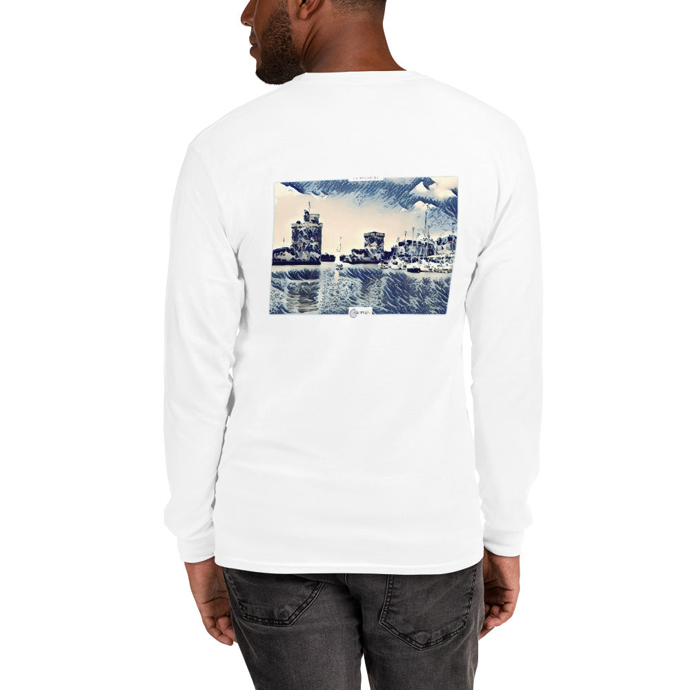 T-shirt en coton de haute qualité, mettant en avant une illustration du Vieux Port de La Rochelle qui capture l'histoire maritime de la ville dans un style japonais.