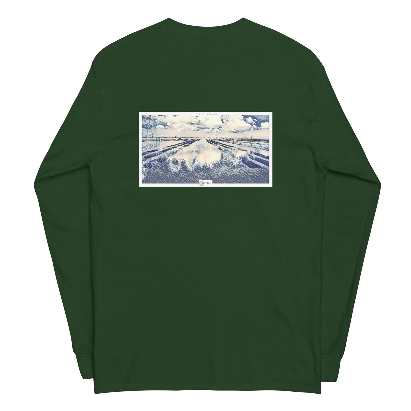 T-shirt en coton de qualité supérieure, orné d'une illustration d'un parc à huîtres en style estampe japonaise bleue, pour une allure maritime intemporelle.