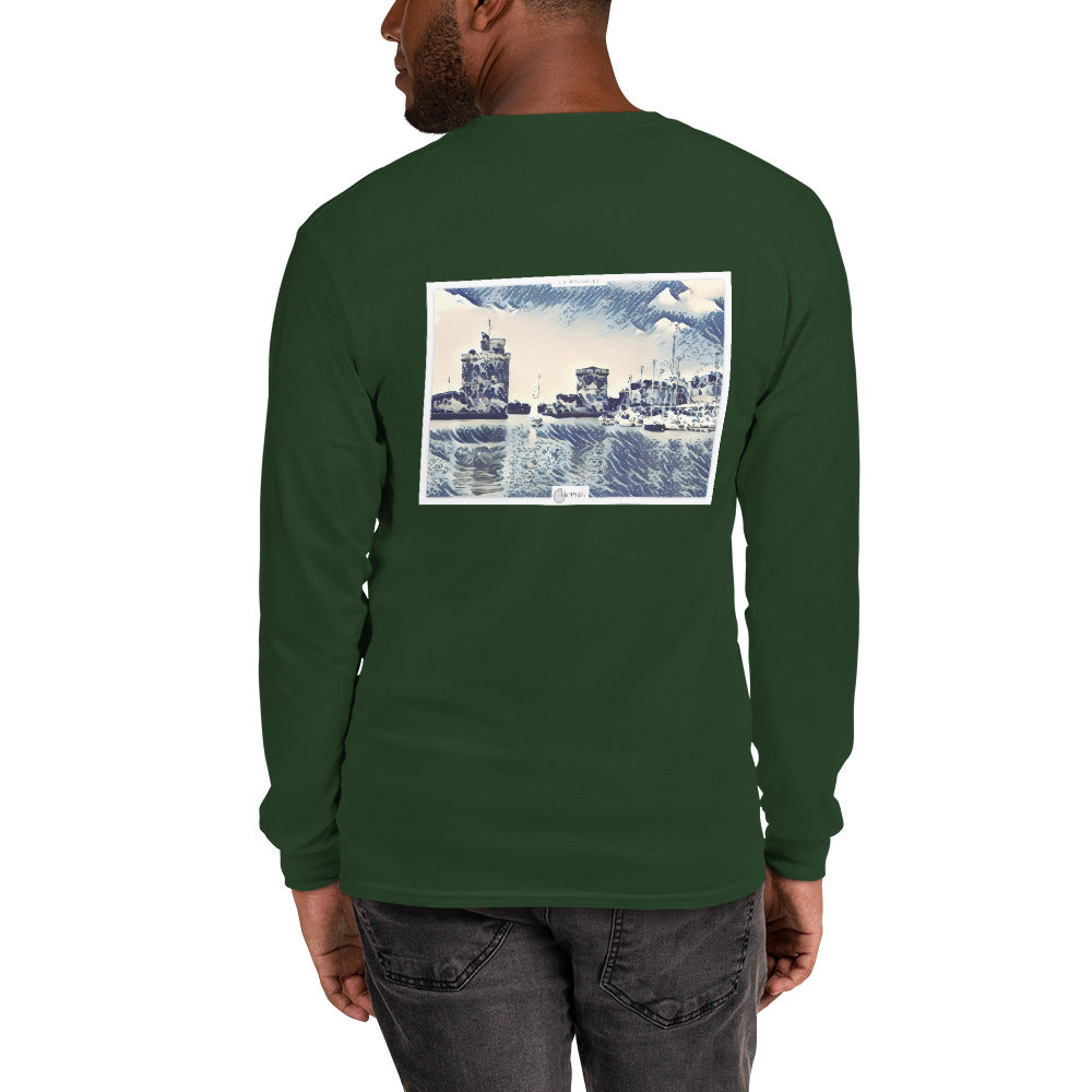 T-shirt unisexe à manches longues, orné d'une illustration du Vieux Port de La Rochelle, célébrant la riche culture maritime de la ville.