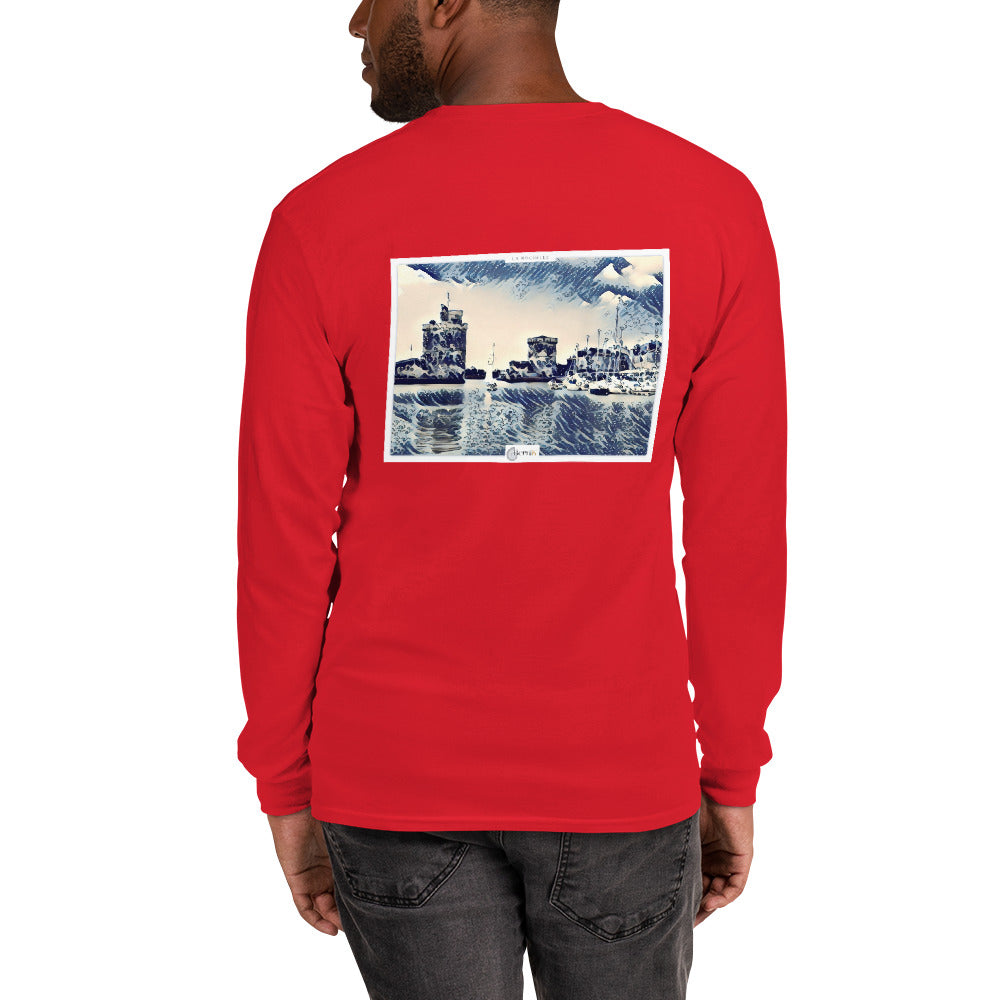 T-shirt en coton de haute qualité, orné d'une illustration élégante du Vieux Port de La Rochelle, inspirée des estampes japonaises bleues.
