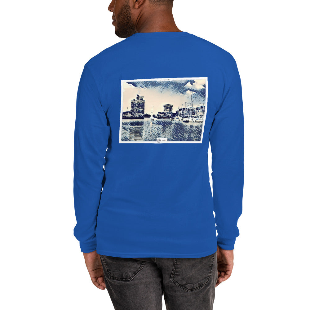 T-shirt en coton premium illustrant le Vieux Port de La Rochelle dans un style estampe japonaise bleue, pour une expérience artistique unique.