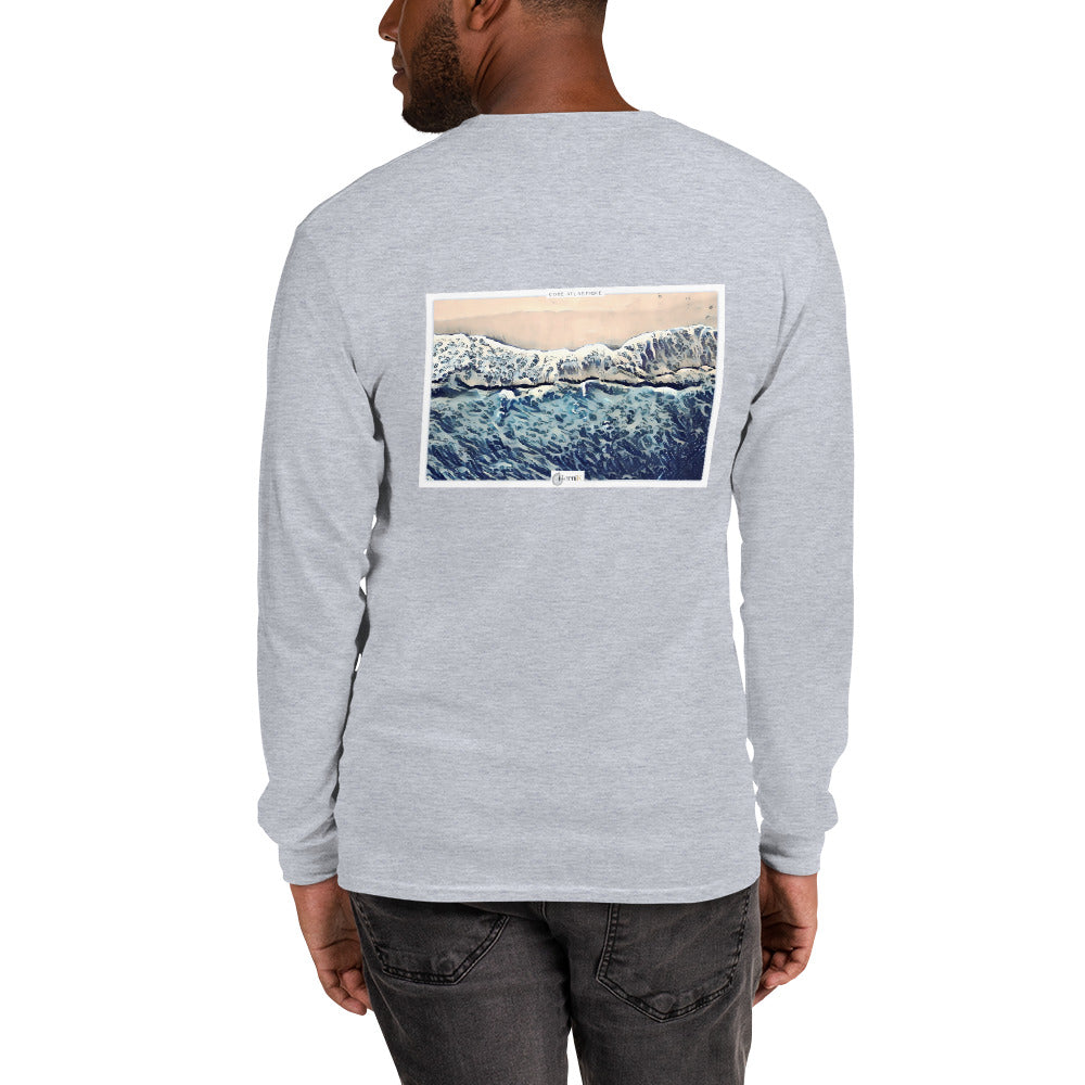 T-shirt unisexe à manches longues en coton, illustré d'une scène océanique aérienne, parfait pour un look décontracté et élégant.