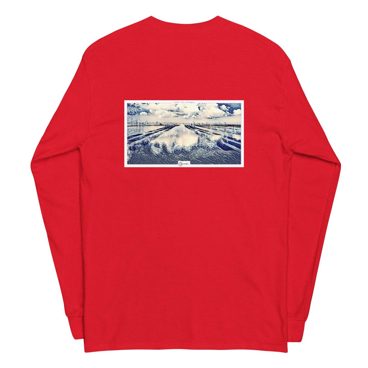 T-shirt unisexe à manches longues, confectionné en coton de qualité, orné d'une illustration détaillée d'un parc à huîtres inspiré par l'océan.