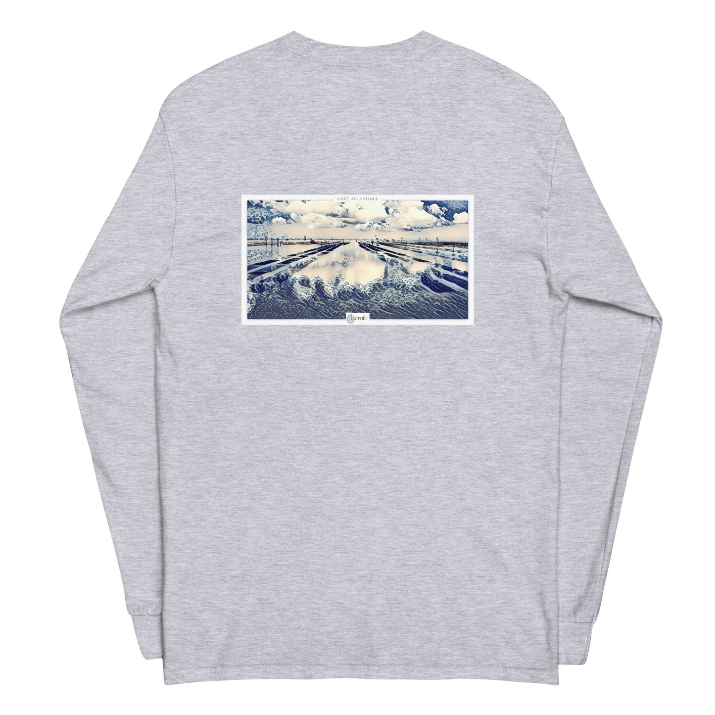 T-shirt en coton de qualité supérieure, présentant une illustration minimaliste d'un parc à huîtres en style estampe japonaise bleue.