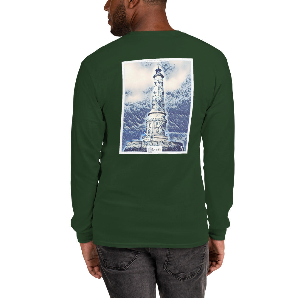 T-shirt unisexe à manches longues, orné d'une illustration éclatante du Phare de Cordouan, évoquant la force et la beauté de l'océan.