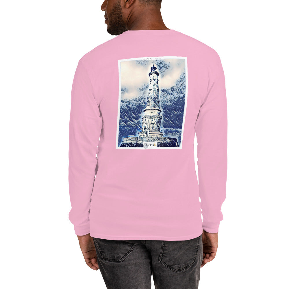 T-shirt unisexe à manches longues en coton de haute qualité, orné d'une illustration majestueuse du Phare de Cordouan, style estampe japonaise bleue.