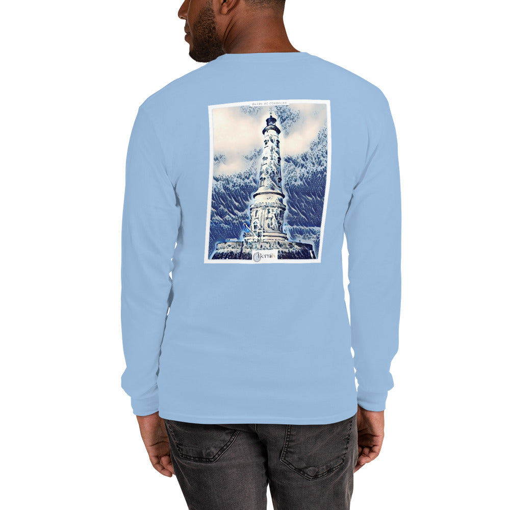 T-shirt unisexe à manches longues, décoré d'une illustration emblématique du Phare de Cordouan, symbole de l'esprit marin et de sécurité.