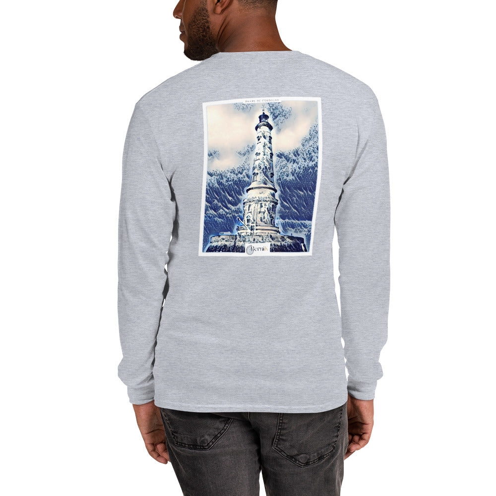 T-shirt unisexe à manches longues, décoré d'une illustration poétique du Phare de Cordouan, dans le style délicat des estampes japonaises bleues.