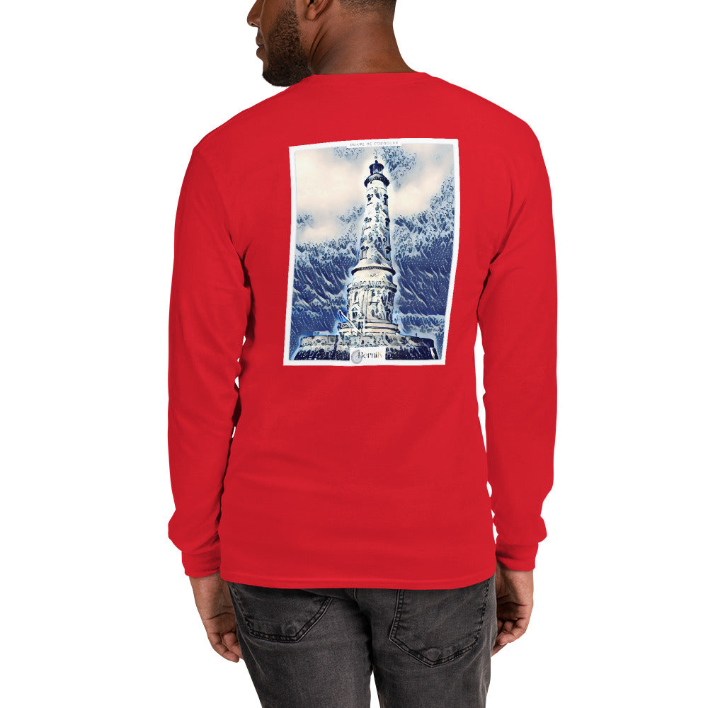 T-shirt en coton de qualité supérieure, orné d'une illustration du Phare de Cordouan aux reflets bleus, inspirée par l'estampe japonaise.