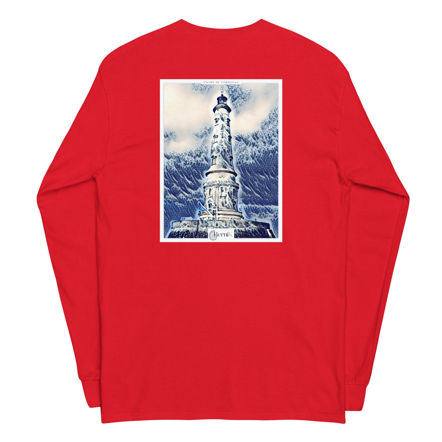 T-shirt unisexe à manches longues, affichant le Phare de Cordouan comme symbole de sécurité et de guidance sur l'Atlantique.