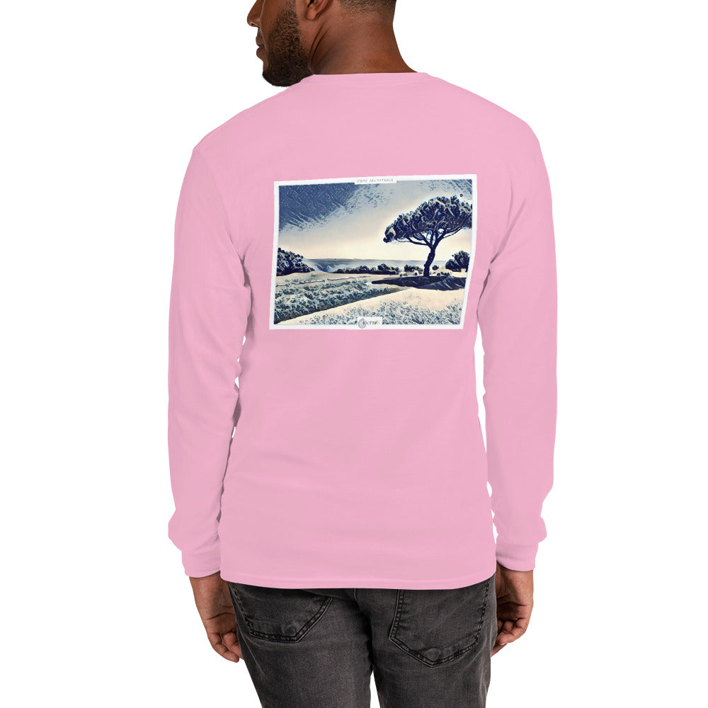 T-shirt unisexe à manches longues en coton de qualité supérieure, orné d'une illustration de pin parasol emblématique sur fond océanique.