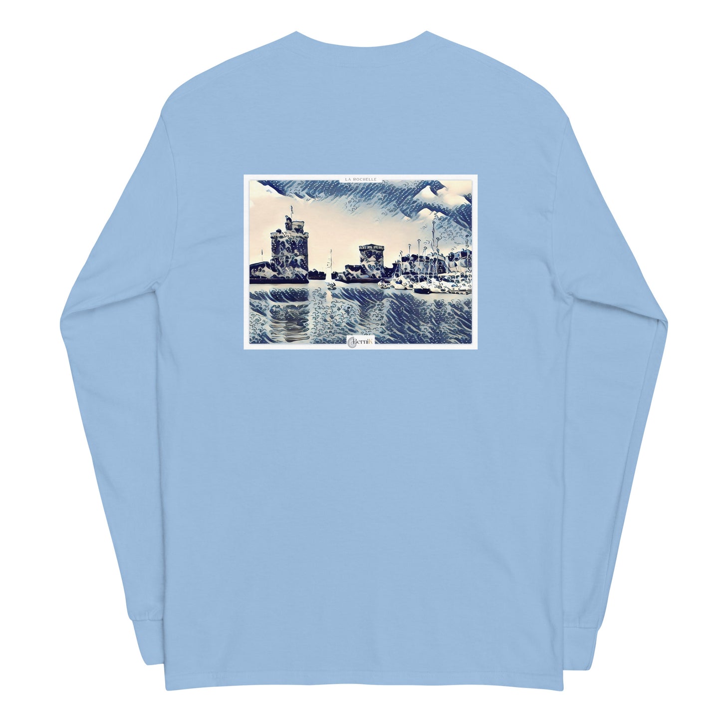 T-shirt unisexe à manches longues, combinant confort et style, orné d'une illustration du Vieux Port de La Rochelle, symbole de l'histoire maritime.