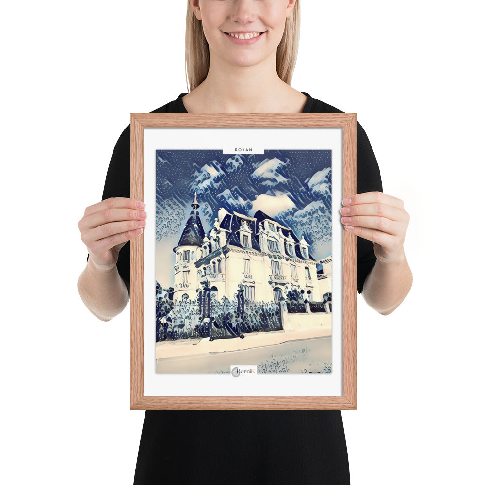 Illustration en bleu et blanc représentant l'élégance des villas de la Belle Époque à Royan.