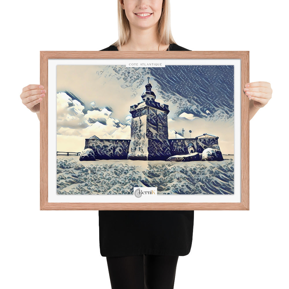 Affiche encadrée du Fort Louvois avec un ciel calme et l'Atlantique comme toile de fond.