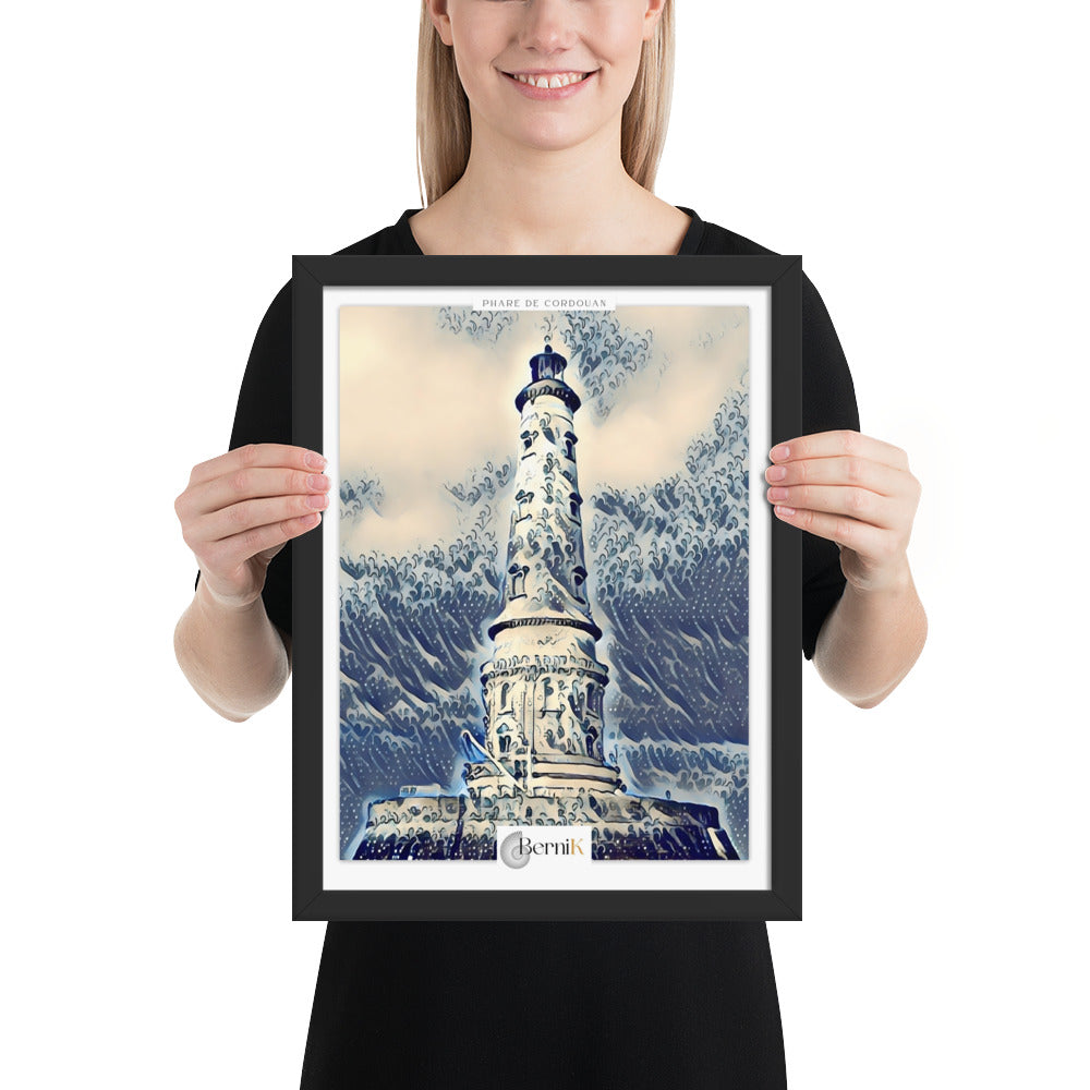 Encadré décoratif avec une illustration du phare de Cordouan, charme côtier assuré.