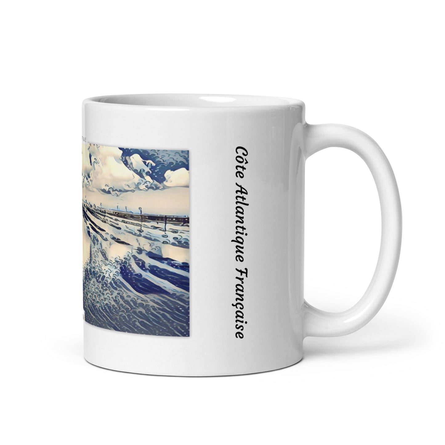 Élégant mug en céramique avec une image d’un parc à huîtres au bord de l’eau.