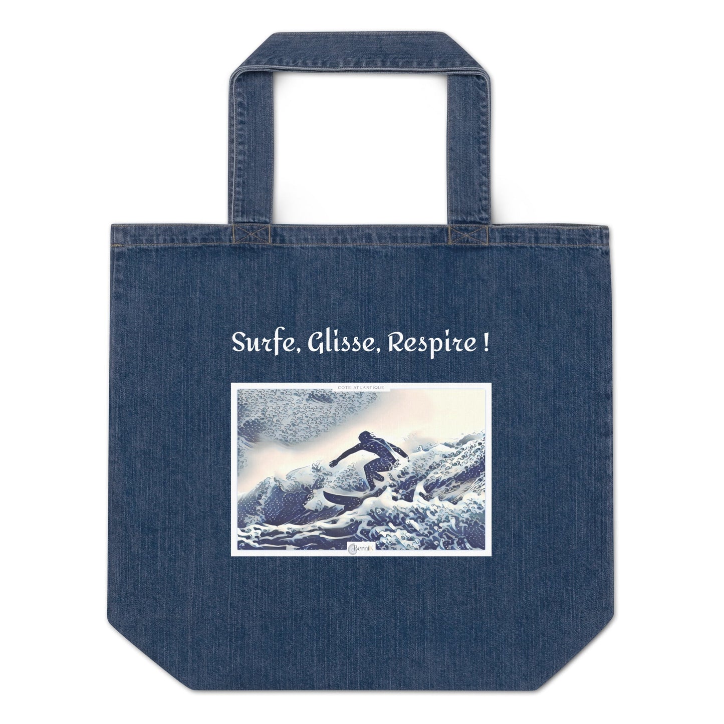 Sac de plage en jean écologique avec illustration d’un surfeur à Hossegor.