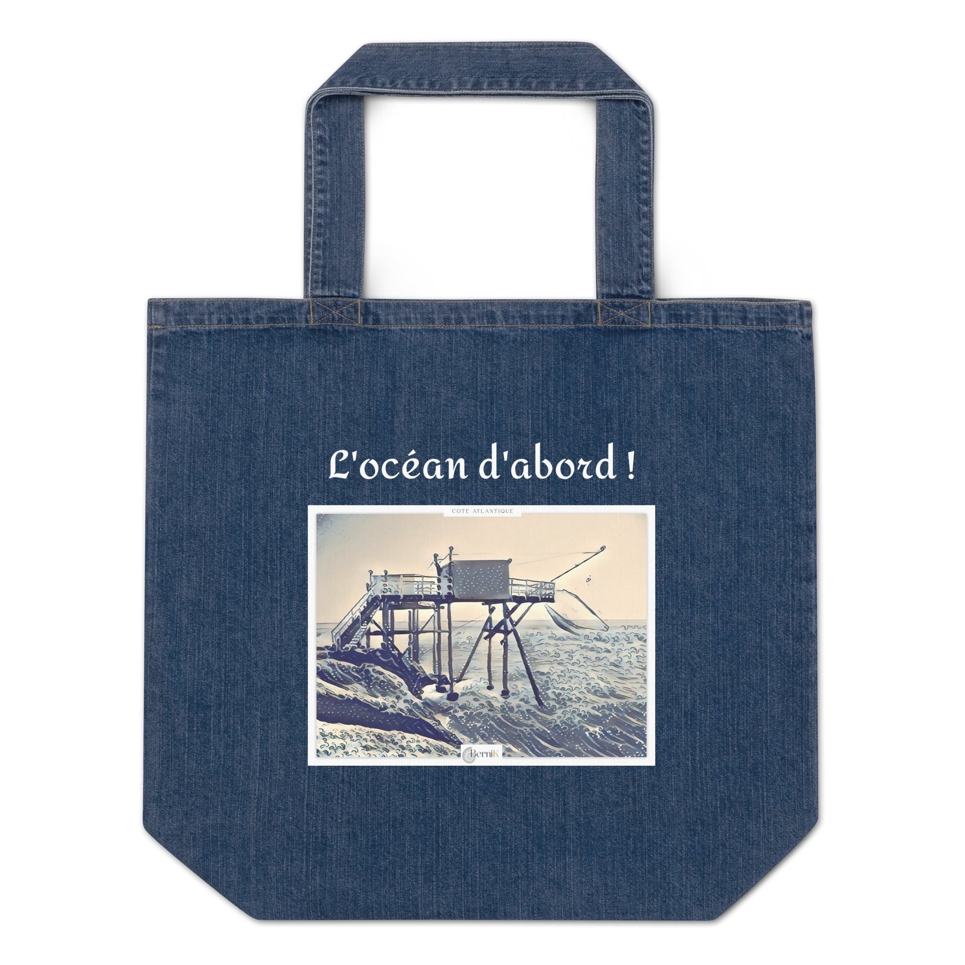 Sac en jean écologique avec illustration de carrelet, idéal pour la plage.