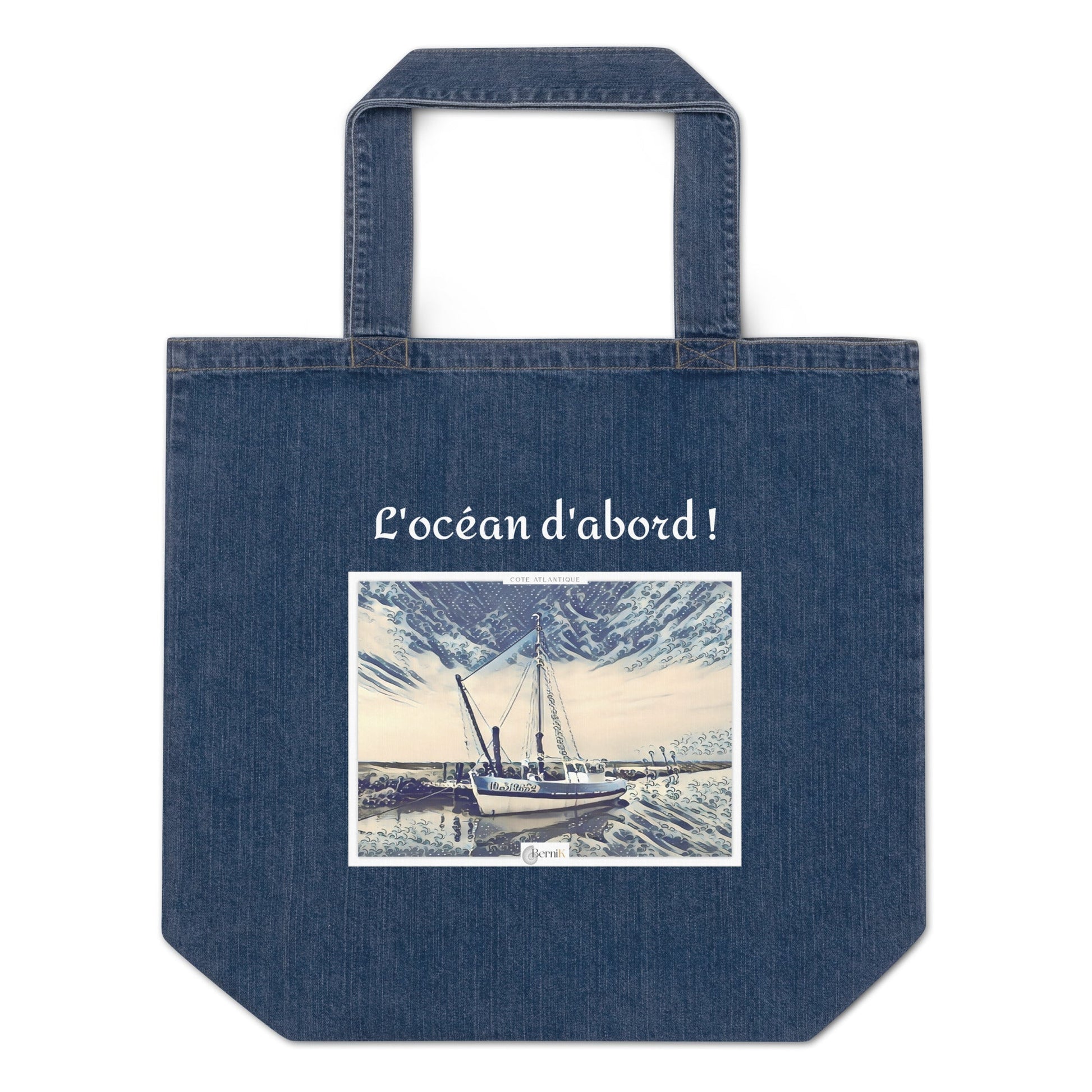 Sac de plage écologique avec illustration de bateau en estampe japonaise.