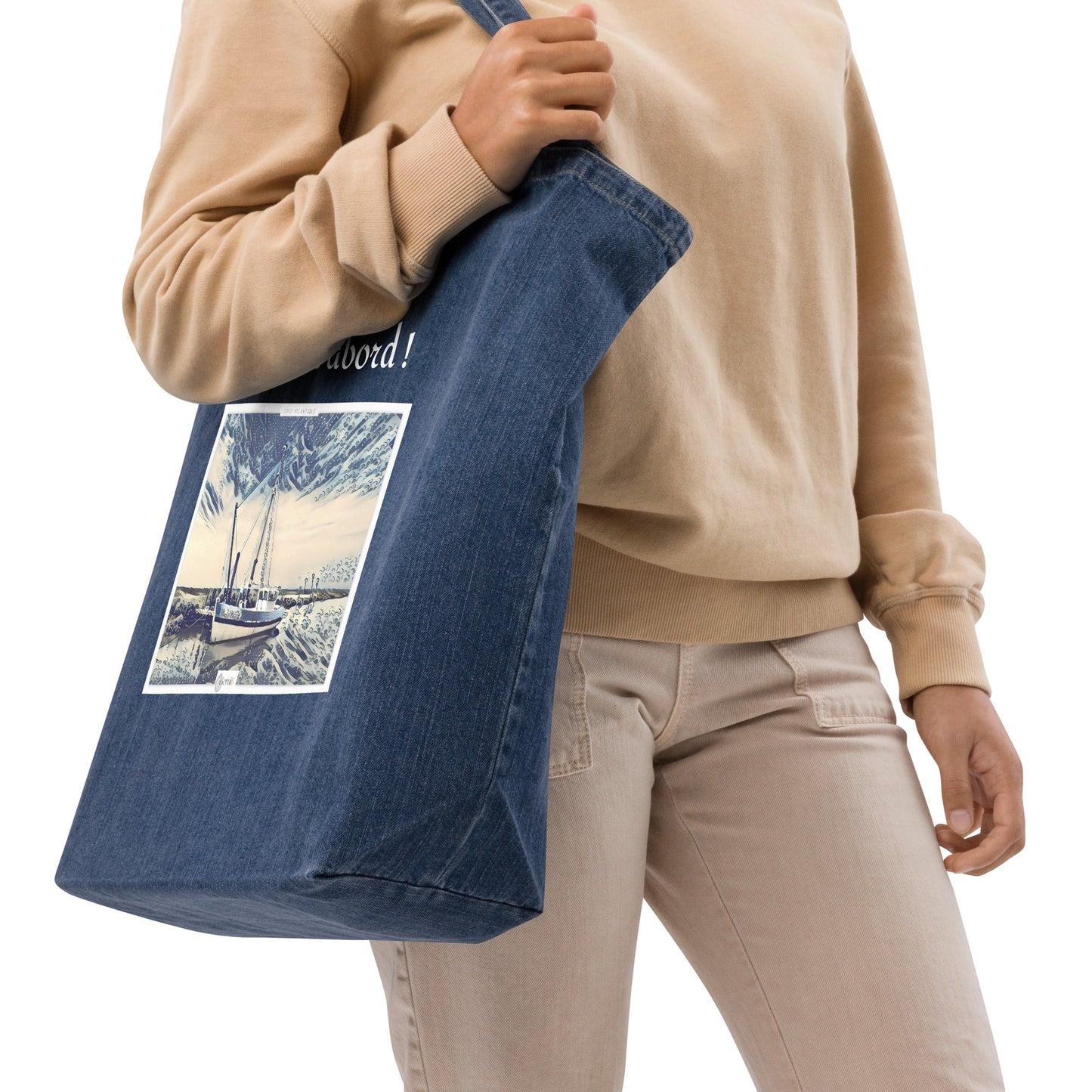 Sac de plage en denim recyclé orné d'un bateau en style estampe japonaise.