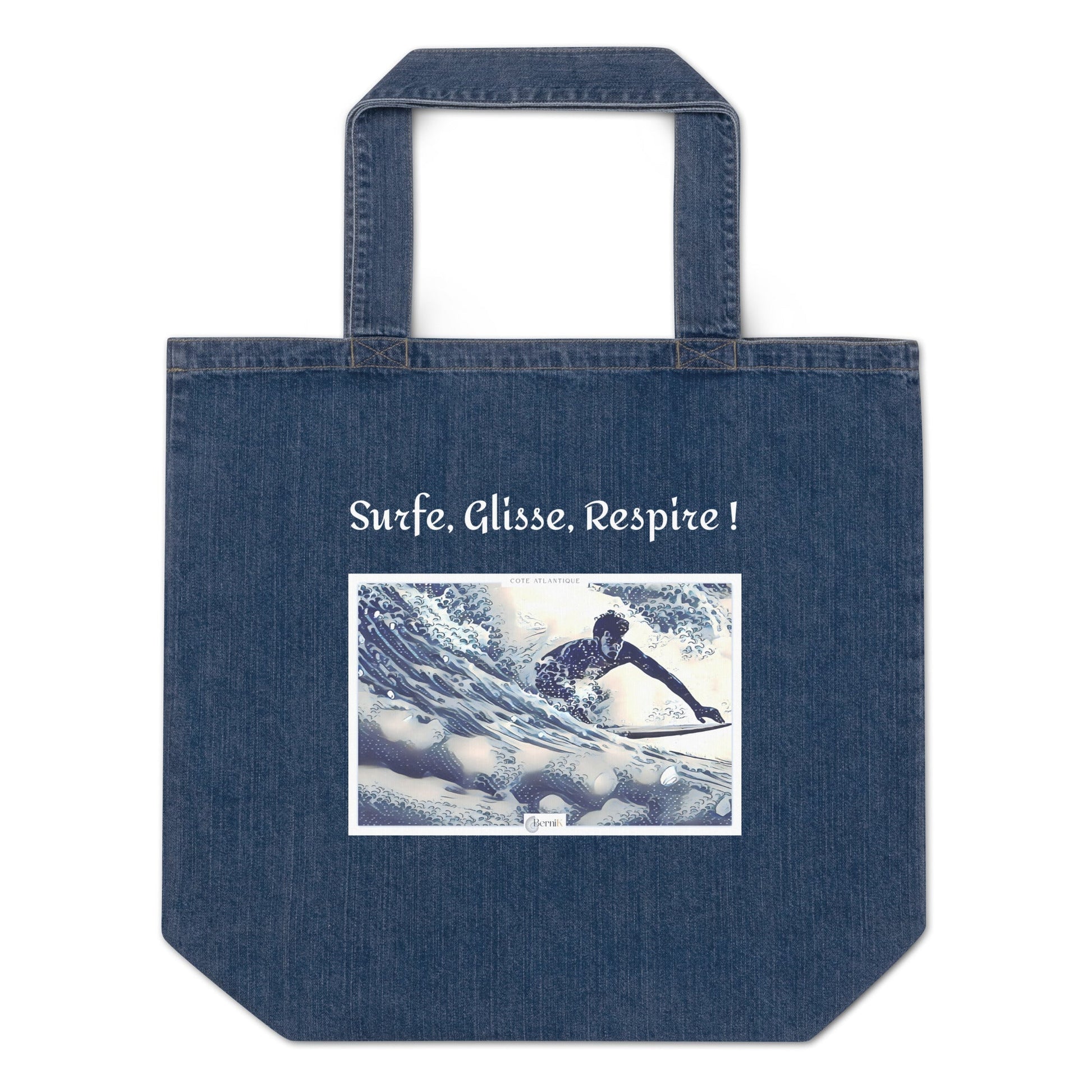 Sac de plage pour surfeur avec illustration d'un surfeur à Biarritz en jean écologique.