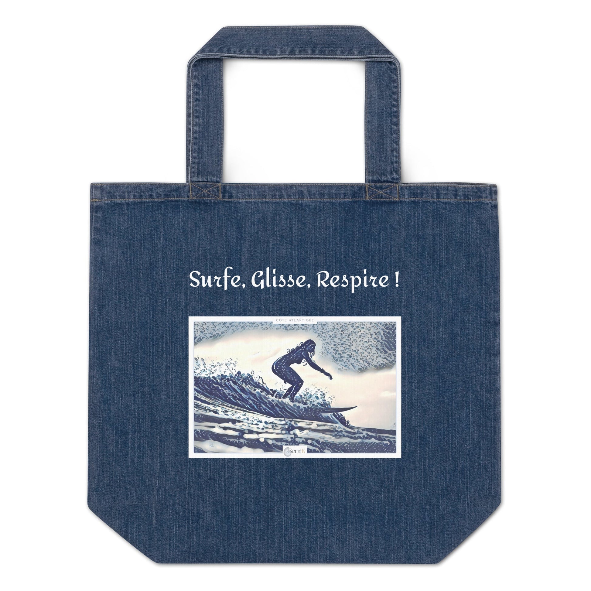 Sac en jean écologique avec illustration surfeuse du Cap Ferret