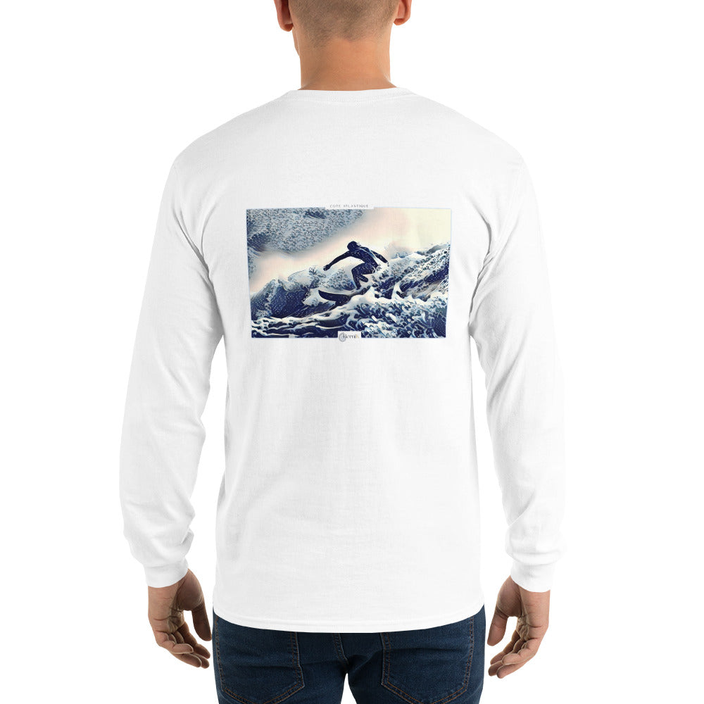 T-shirt manches longues unisexe avec design surfeur à Hossegor, inspiré des estampes japonaises, pour un look stylé et confortable.