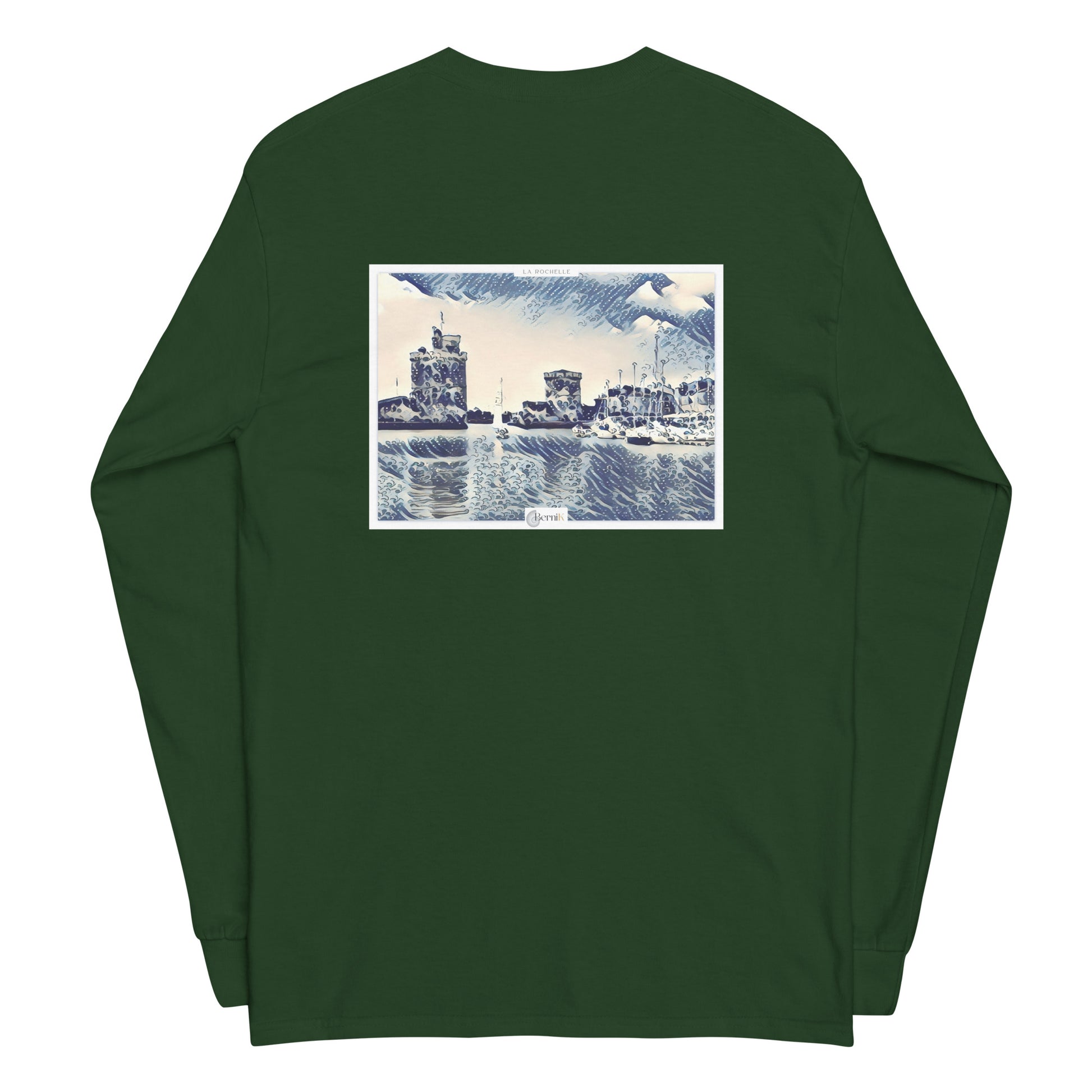 T-shirt unisexe à manches longues, décoré d'une illustration vibrante du Vieux Port de La Rochelle, capturant la vitalité de la ville.